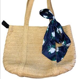 Draper James Tan Shoulder Bag with Navy Floral Scarf